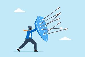 Strong businessman with armor and shield to defend against incoming arrows, illustrating protection from threats. Concept of safeguarding against security attacks, business risks, or potential dangers vector