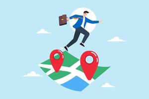 Businessman jumps from one map navigation pin to new one, illustrating business relocation. Concept of moving offices to new address or transferring to different location vector