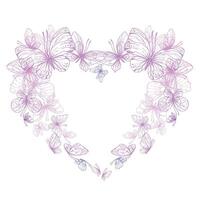 mariposas son rosa, azul, lila, volador, delicado con alas y salpicaduras de pintar. gráfico ilustración mano dibujado en rosa, lila tinta. corazón forma marco, modelo eps vector