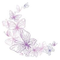 mariposas son rosa, azul, lila, volador, delicado línea Arte. gráfico ilustración mano dibujado en rosa, lila tinta. circulo marco, modelo eps . vector