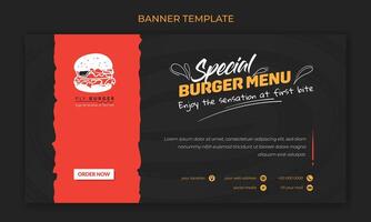 Banner template for burger food design in red and black background with burger icon design vector