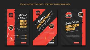 Set of portrait social media post template with burger icon design in black and red background for fast food advertising design vector