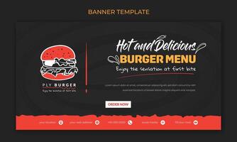 bandera modelo en rojo y negro antecedentes para rápido comida anuncio diseño en social medios de comunicación con hamburguesa diseño vector