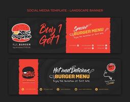 Landscape banner with burger design for street food advertisement template in red and black background vector