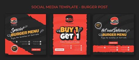 Set of social media post template in red and black background for street food advertising with burger design vector