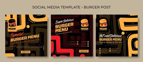 Set of social media post template in hand drawn line background design with burger icon for fast food advertising vector