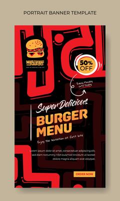 Portrait banner with red line hand drawn in black background design for street food advertisement design