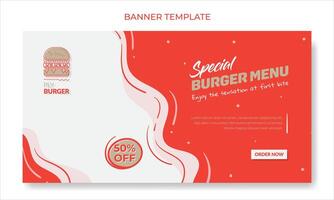 Banner template with waving red and white background design for food advertisement with burger design vector