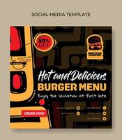 Square banner template in black background and yellow hand drawn with burger design for street food advertising vector