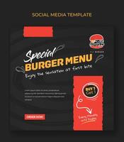 Square banner template in black and red background design with burger icon for street food advertisement design vector