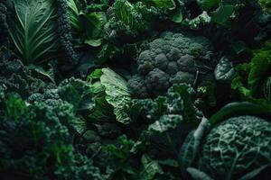 Healthy eating concept with green vegetables and dark leafy food. photo