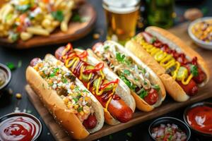 National Hot Dogs Day festival featuring various traditional types. photo