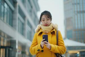 Asian business woman in yellow coat walking with smartphone. photo