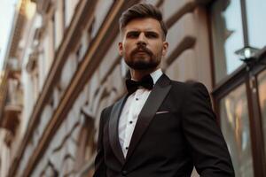 Photo of stylish man in elegant black suit