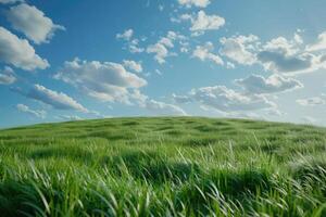 verde césped campo en pequeño colinas y azul cielo con nubes foto