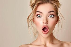 Special offer for skincare cosmetology with surprised woman. photo