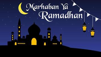 concepto de saludos a Bienvenido el llegada de el mes de ramadán, antecedentes de el silueta de un mezquita a noche con el Encendiendo de el luna, estrellas y linternas vector