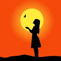 Silhouette of a little girl playing with a butterfly, while enjoying the beauty of the sunset outdoors vector