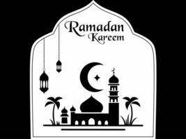 diseño de Ramadán kareem saludos, decorativo negro y blanco mezquita fondo, a Bienvenido el llegada de el mes de Ramadán para musulmanes vector