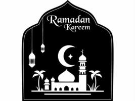 diseño de Ramadán kareem saludos, decorativo negro y blanco mezquita fondo, a Bienvenido el llegada de el mes de Ramadán para musulmanes vector