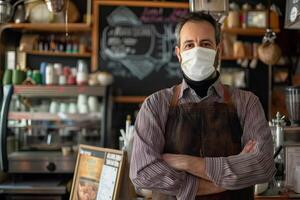 Cafe owner in mask advertises Corona specials on board. photo