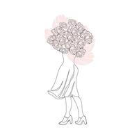 un mujer con flores, un grande ramo de flores de peonias vector