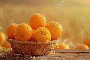 algunos naranjas en un cesta terminado un de madera superficie en un naranja campo antecedentes foto