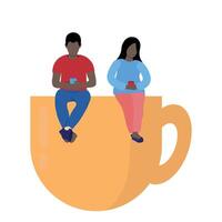 A guy and a girl with cups in their hands are sitting on a huge cup, guy and girl with dark skin, coffee break, isolate on white, flat vector