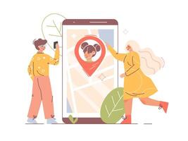 de los padres controlar aplicación para niño tiempo real ubicación. padres supervisión paradero de niño vía teléfono inteligente con geolocalización rastreo solicitud. niños proteccion y la seguridad concepto en plano estilo. vector