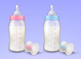 realistic pacifiers and baby bottles with silicone nipples for feeding newborns, isolated on blue background. Plastic containers with measurements, filled with milk infant formula. vector