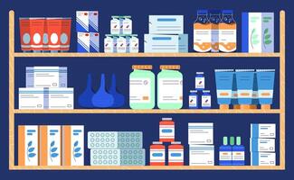 Flat drug shelves in pharmacy shop. Medicine bottle with pills and liquid, capsules, vitamins, tablets in blister pack on shelf in drugstore. Pharmaceutics, healthcare and medical treatment concept. vector