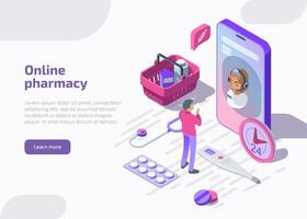 Online pharmacy isometric banner with shopping bag, tablets, apothecary. Pharmacist help patient via smartphone application on mobile device. Telehealth, healthcare or medical support services concept vector