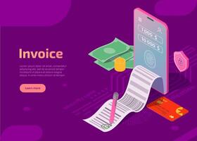 Invoice landing page or banner. Isometric smartphone with electronic bill, cash and banking card, receipt with signature and shield with lock sign on purple background. Security mobile payment concept vector