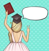 pop art illustration of a young graduate student girl in academic cap with a university diploma in hand, back view. Lady shows victory,peace sign. Concept of celebrating the graduation ceremony vector