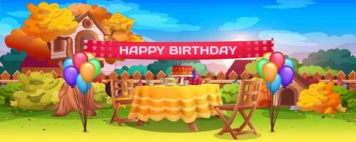 Birthday outside party decoration on backyard. Festive table with cake, candles, balloons bunches. Children celebration on lawn front of wooden fence. cartoon illustration of autumn garden. vector
