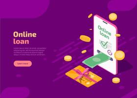 Online loan banner. landing page of banking credit online service with isometric smartphone, card and money bills, coins. Financial lending by mobile application of device on purple background. vector