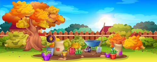 Backyard garden with wooden fence, tree, bushes and cultivated soil. Autumn landscape with watering can, wheelbarrow and sacks. Cartoon lawn with growing plants, potted flowers and gardening equipment vector