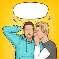 pop art blonde haired man whispers about sales or secrets to ear of surprised brown guy in hoodie. Shocked man holding hands on head with wide opens his mouth and eyes on yellow background. vector