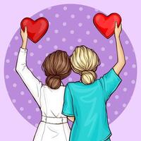 Pop art women doctor and nurse standing backwards and holding red hearts. Female characters in medical gown work in hospital, illustration. Checkup, life insurance, healthcare, donation concept vector