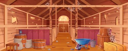 Cartoon abandoned barn interior with spiderweb and destroyed walls. Neglected farm house or wooden empty ranch with stalls, haystacks, sacks and gate. Old countryside storehouse building for animals. vector