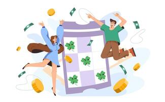 Lucky couple win lottery. Happy winners rejoice huge money prize of gambling game. flat illustration of man and woman jumping with happiness near winning ticket. vector