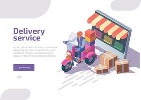 Delivery service isometric landing page. ourier on motorcycle delivers boxes, postal parcels, purchases from e-commerce website. Online application for courier driver service, 3d web banner. vector