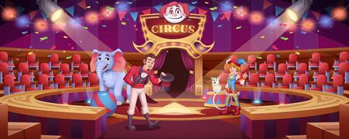 Circus show with animal handler. Trained animals performing on scene. Jester girl and tamer man on round arena with big elephant with ball and funny dog . Stage performance cartoon illustration vector