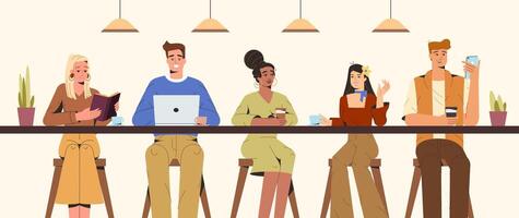 Flat young people communicating and working in modern coffeehouse. Students sitting at bar counter and talking, drinking coffee, reading or surf the internet. Coworking, front view illustration vector