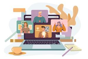 conference flat illustration. Remote working people, online communication via conference. Screen laptop with group of talking colleagues. Virtual meeting, work from home concept. vector