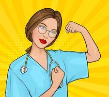pop art illustration of a brown hair doctor woman with glasses in uniform demonstrating her strength by fist. Motivating poster with a medical nurse We can do it. Medicine or healthcare concept vector