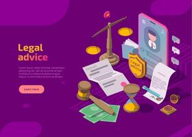Legal advice banner. Isometric web page with scales, phone, gavel, hourglass, seal and documents. Online lawyer assistance for regulation legal issues, compliance to rules. Advocate attorney service vector