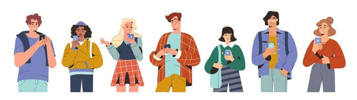 Young modern people looking on smartphones and chatting. Flat teenagers using mobile phone for communicate. Men and women holding gadgets in hands and typing messages. Online communication concept. vector