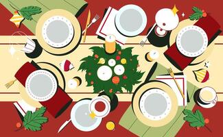 Christmas table top view with plates and decorated cutlery flat illustration. Red tablecloth with holiday dishes, napkins, candles, candlestick and xmas spruce wreath of fir branches. vector