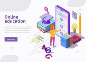 Online education isometric landing page, web banner. Student learning distant tutorials via website or application at huge screen of smartphone. Lesson in internet school, university or college. vector